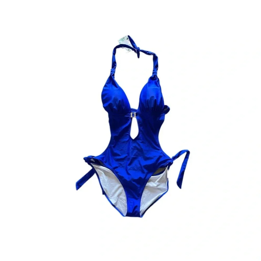 Eomenie One Piece Royal Blue Swim Suit Cut Out Tie Back and Sides Women’s XL